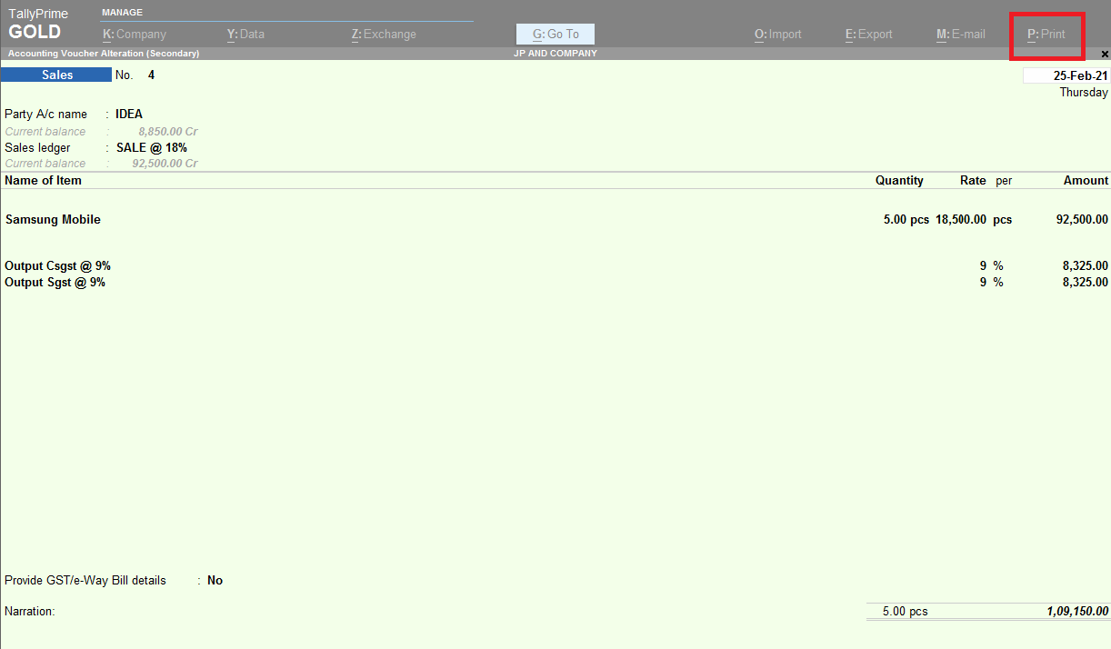 Tally Prime में Sales Invoice का Print कैसे निकाले ? 